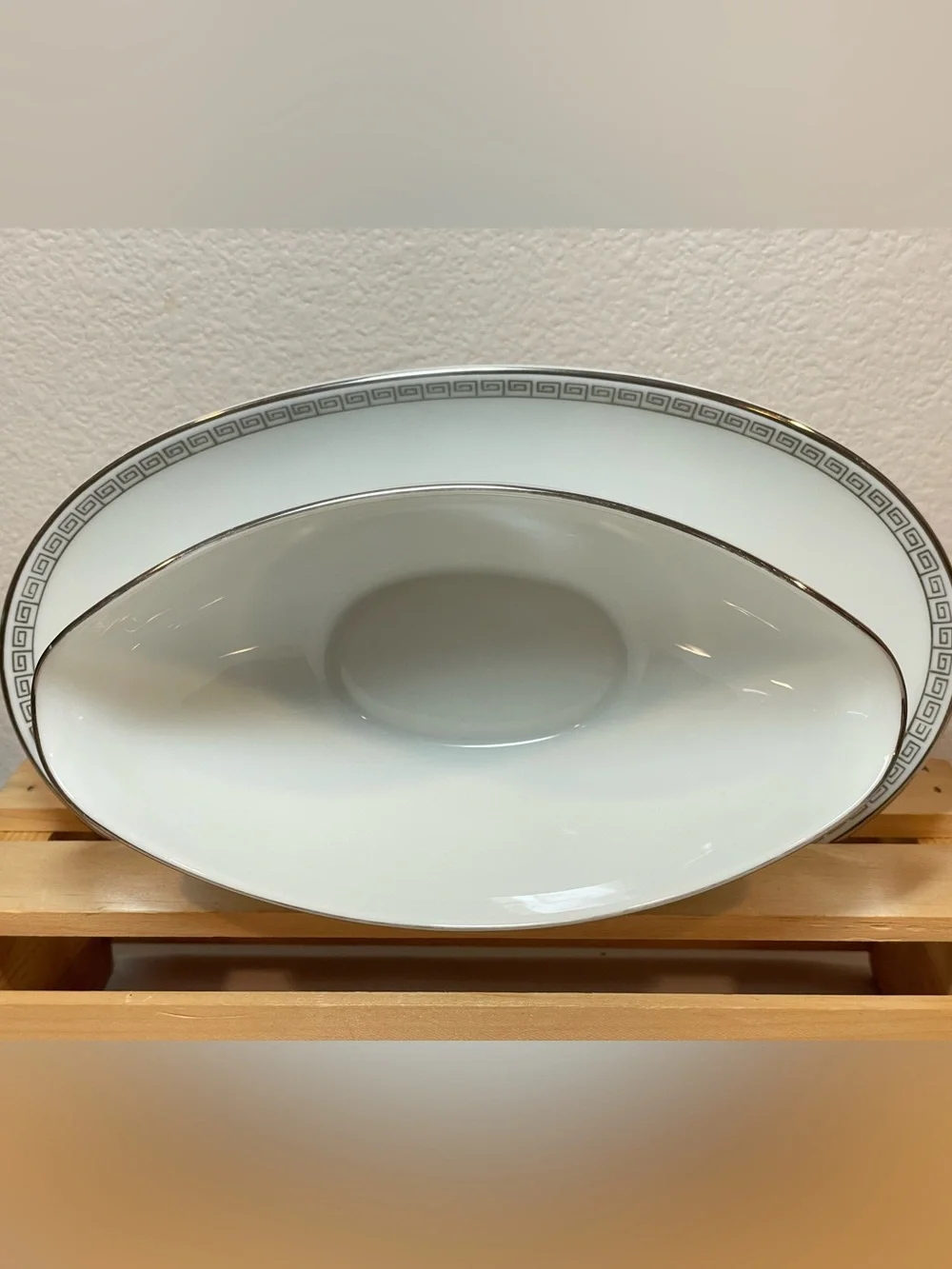 Noritake “Silver Key” White Ceramic Gravy Boat w Greek Key Border Silver Edging